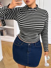 SHEIN EZwear Plus Size Stand Collar Black & Grey Striped Slim Fit Long Sleeve T-Shirt - Multicolor - View 1
