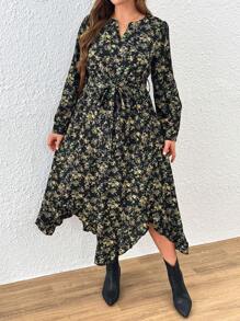 SHEIN LUNE Damen Große Größen Zufallsblumen Muster V-Ausschnitt Langarm Lässig Kleid - Verschiedenfarbig - Übersicht 1