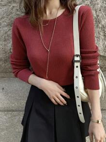 FRIFUL Women Solid Color Crew Neck Slim Fit Long Sleeve Sweater, Autumn/Winter