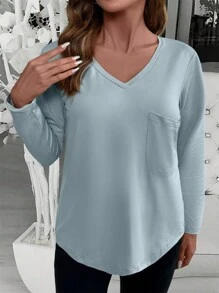 INAWLY Áo thun dài tay đơn giản hàng ngày màu trơn cho nữ Plus Size - Xám - Xem 3