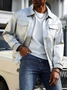 Manfinity LEGND Loose Fit Men's Flap Pocket Long Sleeve PU Leather Jacket - Silver - View 1