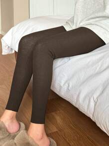 DAZY 女士纯色保暖内衬紧身裤，休闲时尚，适合日常穿着 - 鏽棕色 - 查看 5
