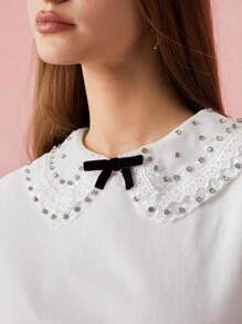SHEIN Spring/Summer Romantic Women's White Rhinestone Embroidery Peter Pan Collar Little Bow Decor T-Shirt,Sweet&Elegant Outfit For Party And Sweet Date Night &Wedding Guest Dress Women &Holiday & Graduation Dress&Daily Commuting&Vacation&Garden Parties & Concert Outfit Women