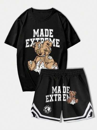 Street Life Men Bear & Letter Graphic Basketball Jersey Style Tee & Striped Trim Drawstring Waist Shorts, School