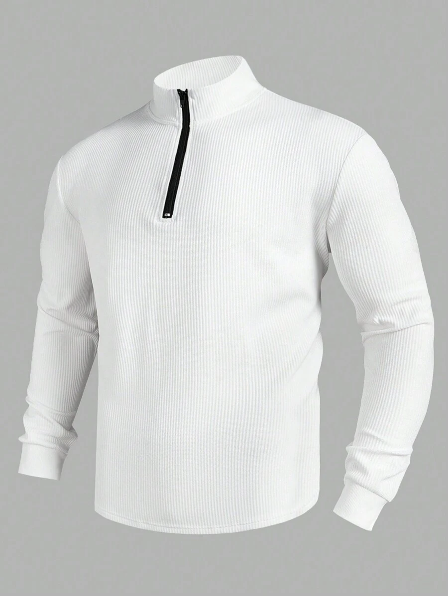 Manfinity Homme Men's Front Zip Up Long Sleeve Simple Pullover Sweatshirt, Casual Everyday Wear - White - View 1