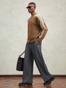 AKNOTIC Business Casual 男士编织长款中腰休闲直筒裤，适合日常搭配 - 深灰色 - 查看 7