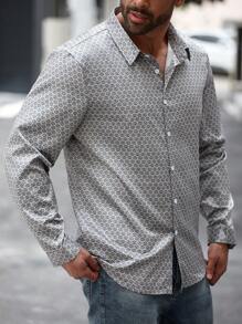 Manfinity Homme Plus Size Men Geometric Print Long Sleeve Single-Breasted Casual Shirt, Autumn - Grey - View 6