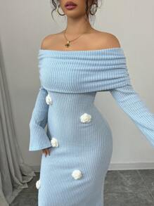 Calvaya Elegante Franse stijl Sexy Dagelijks/Feest Figuur-Flatterende V-hals Lange Mouw Bloemen Gebreide Stretch Zeemeermin Jurk, Blauwe Kleur, Herfst/Winter