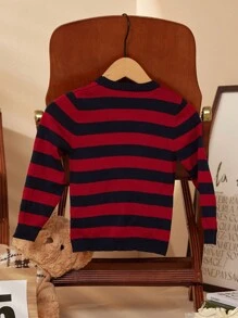 PrepCrw Young Girl Striped Single Breasted Long Sleeve Casual Cardigan, Autumn/Winter - Red - View 2