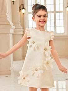 Young Girl Round Neck Sleeveless Simple Casual Dress With 3D Floral Decor - Multicolor - View 6