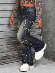 SHEIN 少女Y2K复古水洗喇叭牛仔裤，饰有蝴蝶形贴布细节，适合返校季穿着的街头服饰 - 中等水洗藍 - 查看 3