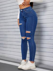 SHEIN Tall Women's Front Button Pocket Distressed Minimalist Slim Fit Casual Jeans - Medium Wash - View 3