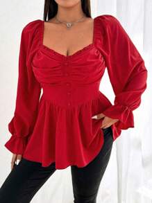 Flirla 大码女式红色长袖优雅纽扣衬衫，适合约会和派对新年服装荷叶边上衣