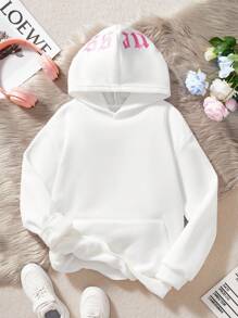 SHEIN Tween Girl Autumn/Winter New Arrival Back Embroidered Text & Letter Hooded Sweatshirt