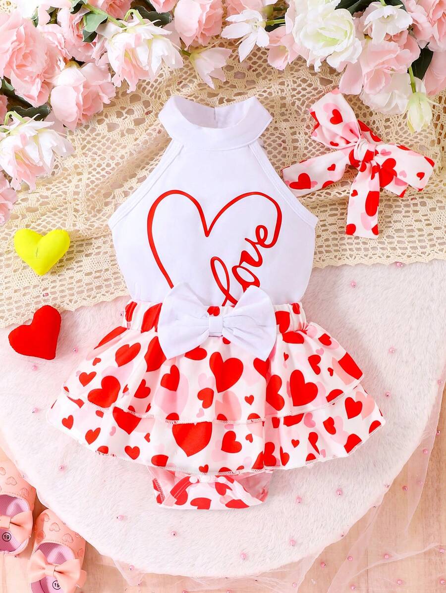 SHEIN 2pcs Baby Girl Heart Printed Halter Top And Ruffle Hem Bottom Set - White - View 1