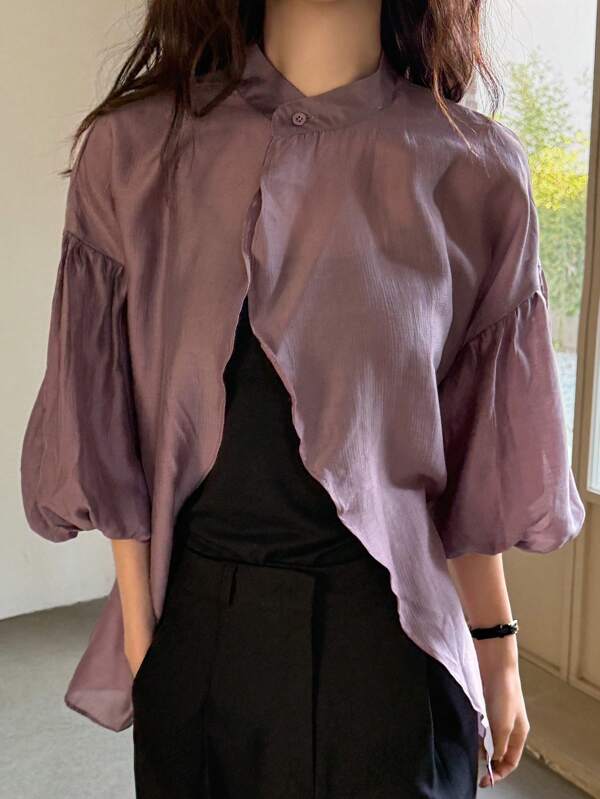 DAZY เสื้อเชิ้ตลำลองแขนพองตาข่ายโปร่ง คอเสื้ออสมมาตร ทรงหลวมสำหรับผู้หญิงฤดูร้อน วันหยุดพักผ่อน; เสื้อท็อปแขนยาววันวาเลนไทน์