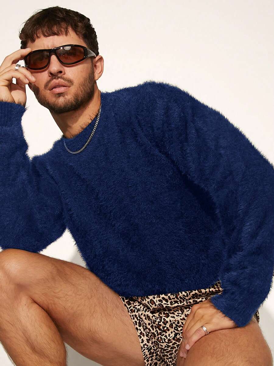 FeverCity Men's 5cm Faux Mink Fur Collar Loose Knit Long Sleeve Sweater, For Fall Winter - Navy Blue - View 1