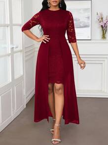 SHEIN Lady 秋冬圣诞派对礼服优雅蓝色蕾丝圆领不对称飘逸 - 酒紅色 - 查看 6