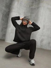 EURMUSE Casual Half Button Sweatshirt & Pants Set - Black - View 5