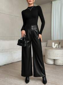 Firerie Women Solid Color Front Button Pocket Simple Long Pants, Casual Daily Wear - Black - View 6