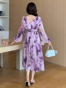 DAZY Vestido con estampado floral de manga abullonada y cuello en V de longitud media para mujeres
