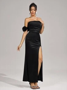 SHEIN Belle Women's Knitted Black Cocktail Party Dress With 3D Floral Waist Detail, Wedding Guest Dress Music Festival  Spring/Summer - Black - View 3