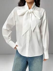 Muchica 女士纯色系带领落肩长袖休闲衬衫秋季 - 白色 - 查看 5