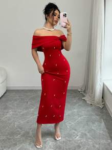 Rafferiza Váy bó sát trễ vai đính ngọc trai kiểu Pháp thanh lịch màu đỏ, mặc hàng ngày & dự tiệc, váy cocktail mini thu/đông - Đỏ - Xem 7