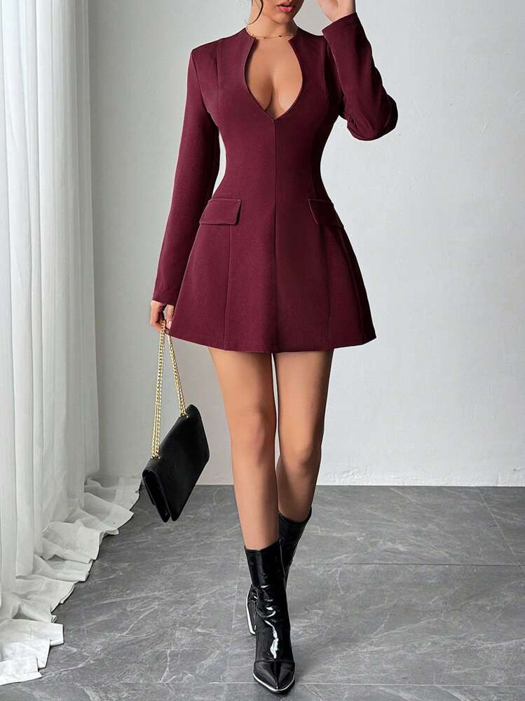 Rafferiza Women's Solid Color Notched Neck Long Sleeve Faux Pocket Minimalist Waist Cinching Dress Fall Cloth For Women - Burgundy - View 6