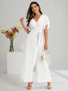SHEIN Clasi 女士优雅纯色裹身阔腿连体裤 - 白色 - 查看 4