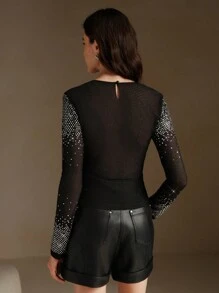 Anewsta Fashionable Long Sleeve Mesh Blouse With Rhinestones, Office Wear For Autumn - Black - View 2