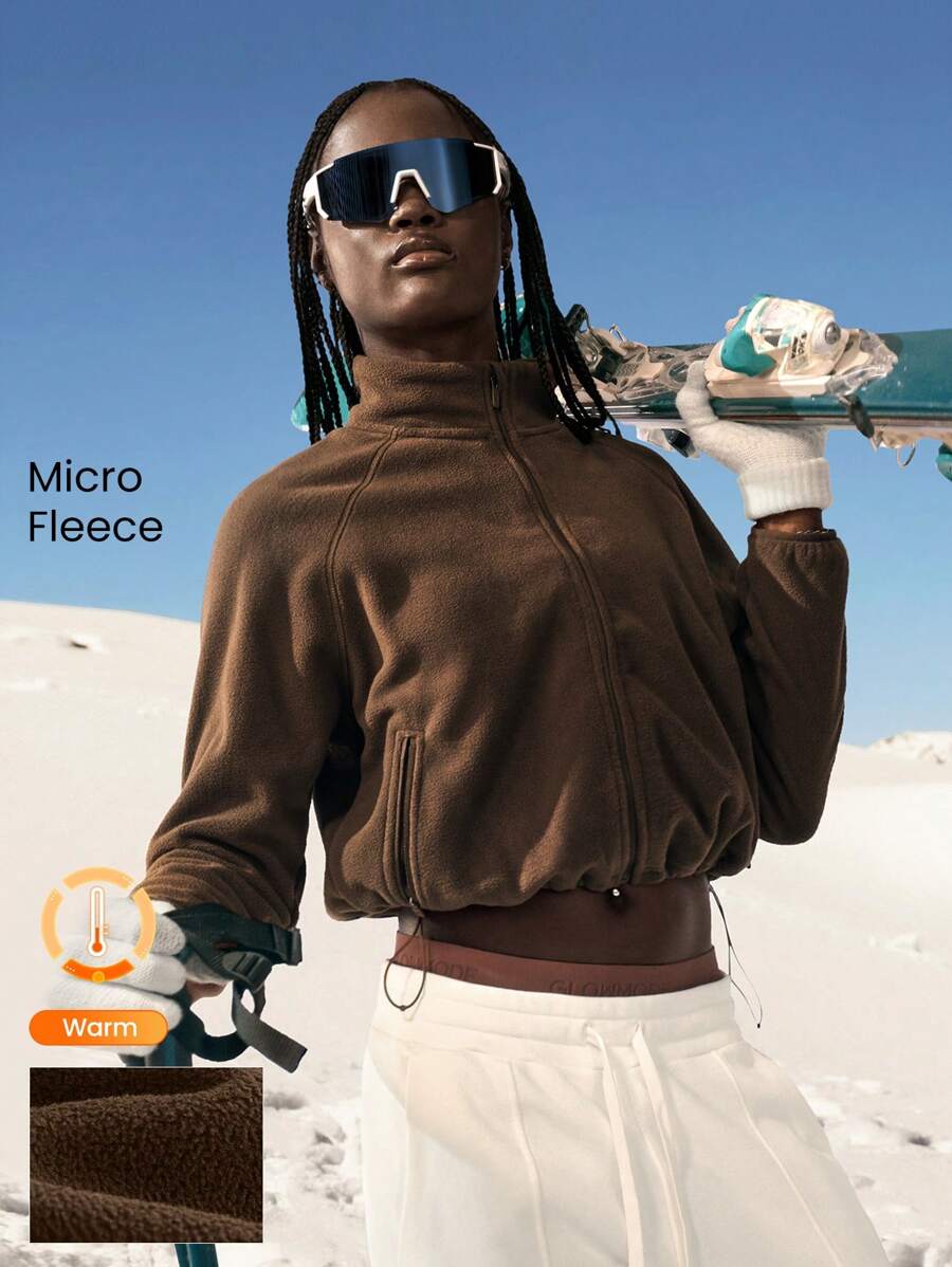 GLOWMODE Thin Polar Fleece Loose-Fit Cropped Drawstring Long Sleeve Jacket - Coffee Brown - View 1