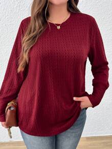 SHEIN LUNE Plus Size Women Solid Color Round Neck Long Sleeve Casual T-Shirt, Autumn - Burgundy - View 4