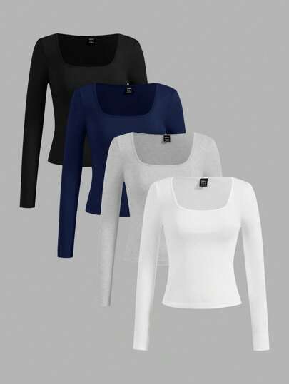 SHEIN Essnce 4 pezzi maglietta a maniche lunghe con scollo quadrato, di colore unito, casual e versatile, adatte per la primavera e l'autunno per donne