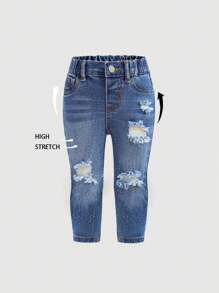 SHEIN Infant/Baby Girl Blue Denim Ripped Skinny Pants - Medium Wash - View 1