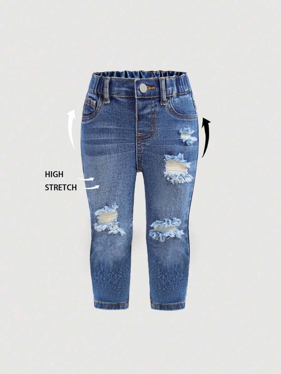 SHEIN Infant/Baby Girl Blue Denim Ripped Skinny Pants - Medium Wash - View 1