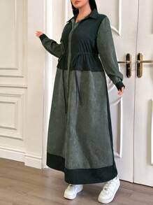 Mulvari Plus Size Solid Color Button Patchwork Long Sleeve Casual Long Dress - Green - View 5