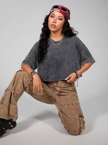 SHEIN Coolane Cotton Casual Short Sleeve Cropped T-Shirt - Grey - View 7