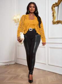 SHEIN Lady Áo khoác ngoài tay dài họa tiết kẻ caro cổ điển màu be và đen dành cho nữ cỡ lớn, thường ngày đi làm vào mùa thu/đông - Màu vàng - Xem 6