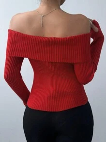 SHEIN BASICS 1pc Women's Minimalist Off-Shoulder Fitted Long Sleeve Sweater - Red - View 2