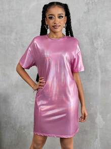 Teenage Girls Plain Round Neck Short Sleeve Simple Casual Dress - Hot Pink - View 5