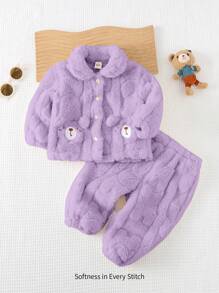 Cozy Pixies 2 件套女宝宝卡通熊印花口袋领长袖开衫和裤子冬季衣服套装 - 淡紫色 - 查看 1
