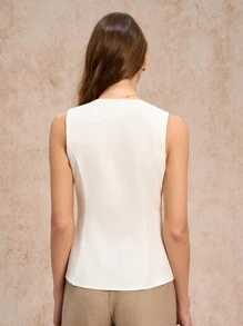 Poéselle 女士纯色圆领无袖单排扣休闲衬衫 - 白色 - 查看 6