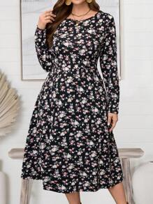 EMERY ROSE Plus Size Women's Long Sleeve Ditsy Floral Dress For Early Spring - Multicolor - View 2