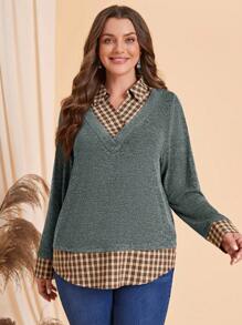 EMERY ROSE Camiseta casual de talla grande con parche a cuadros en 2 en 1, para otoño