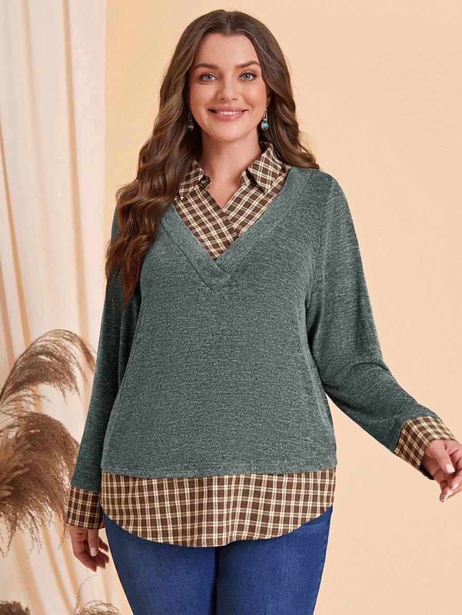 EMERY ROSE Camiseta casual de talla grande con parche a cuadros en 2 en 1, para otoño