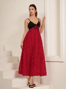 Aveloria Rosie French Elegant Romantic Floral Decor Sleeveless Contrast Color Paneled Maxi Layered Hem Dress For Women, Suitable For Spring/Summer, Valentine's Day - Red - View 3