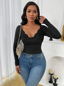 SHEIN SXY Sexy Contrast Lace Deep V-Neck Ruched Long Sleeve Women T-Shirt