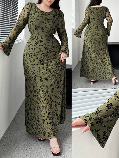 SHEIN Clasi 加大码花卉印花喇叭袖连衣裙，适合情人节，带有玫瑰、心形、波尔卡圆点、爱心、嘴唇、丘比特、3D 花朵等浪漫元素，超长女装