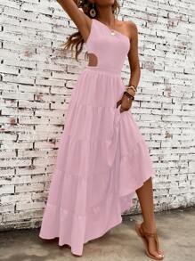 Breezaya 女士纯色无袖侧镂空休闲连衣裙，适合假期长款度假海滩装 - 粉色 - 查看 4